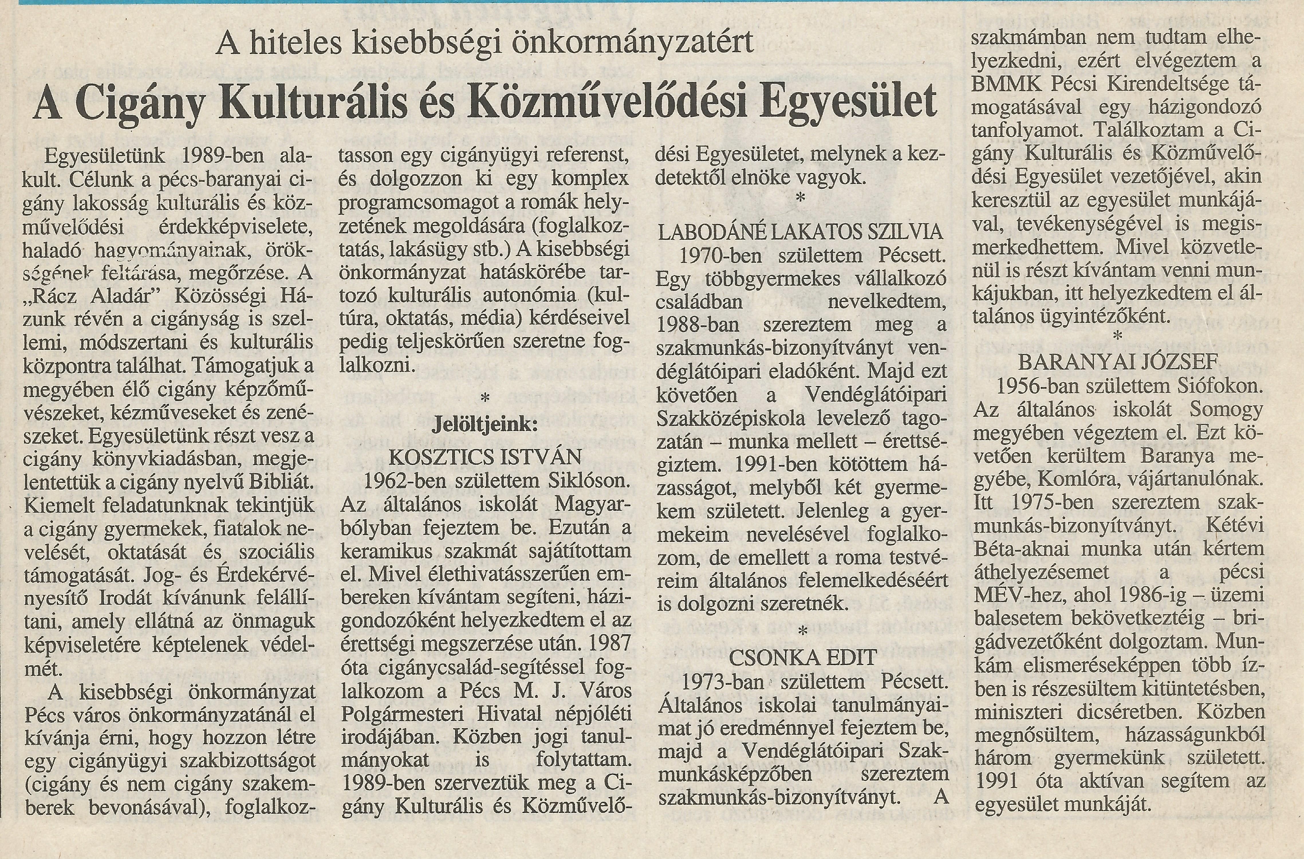 A Cigány Kulturális és Közművelődési Egyesület - A hiteles kisebbségi önkormányzatért