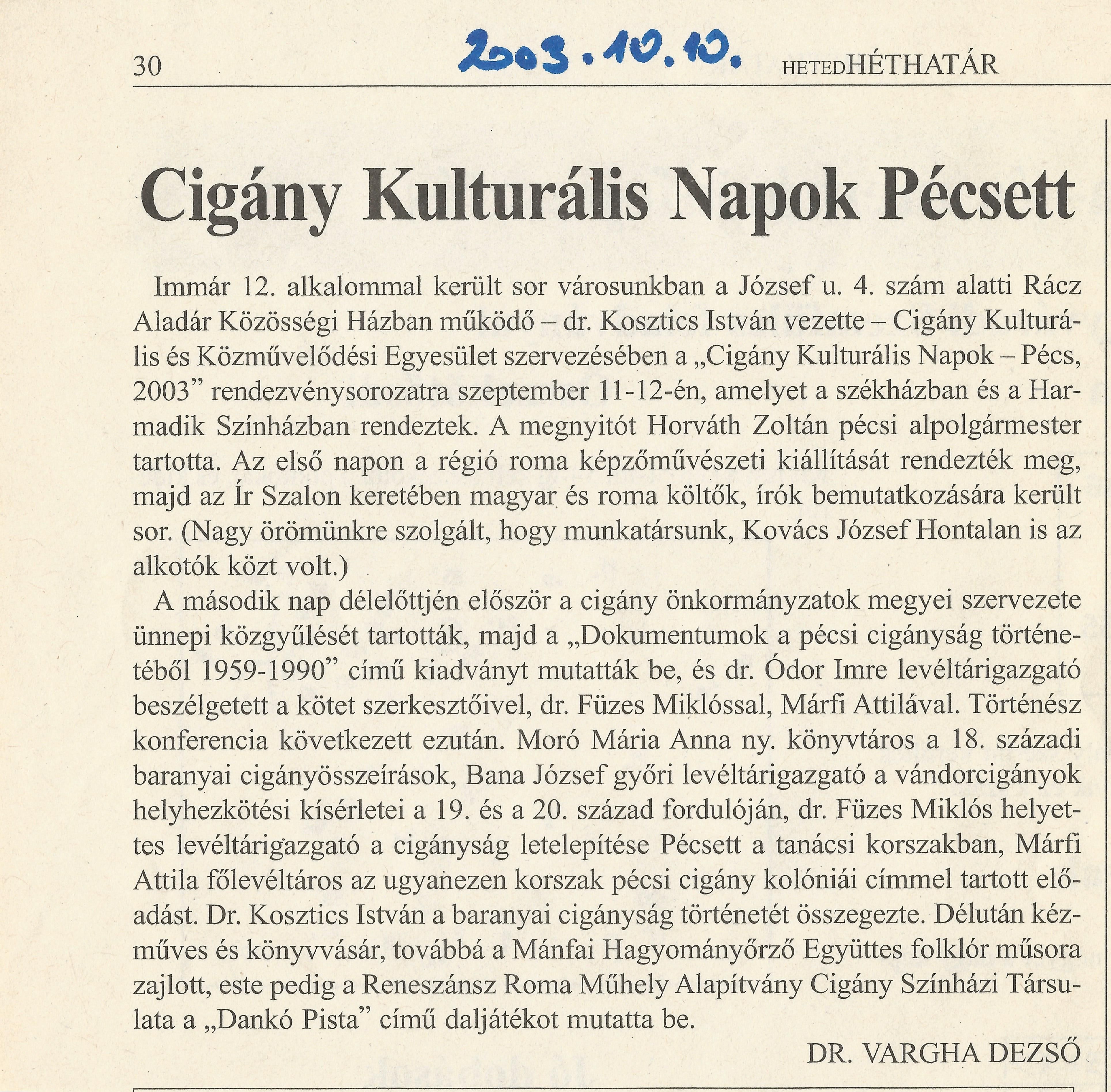 Cigány Kulturális Napok Pécs, 2003