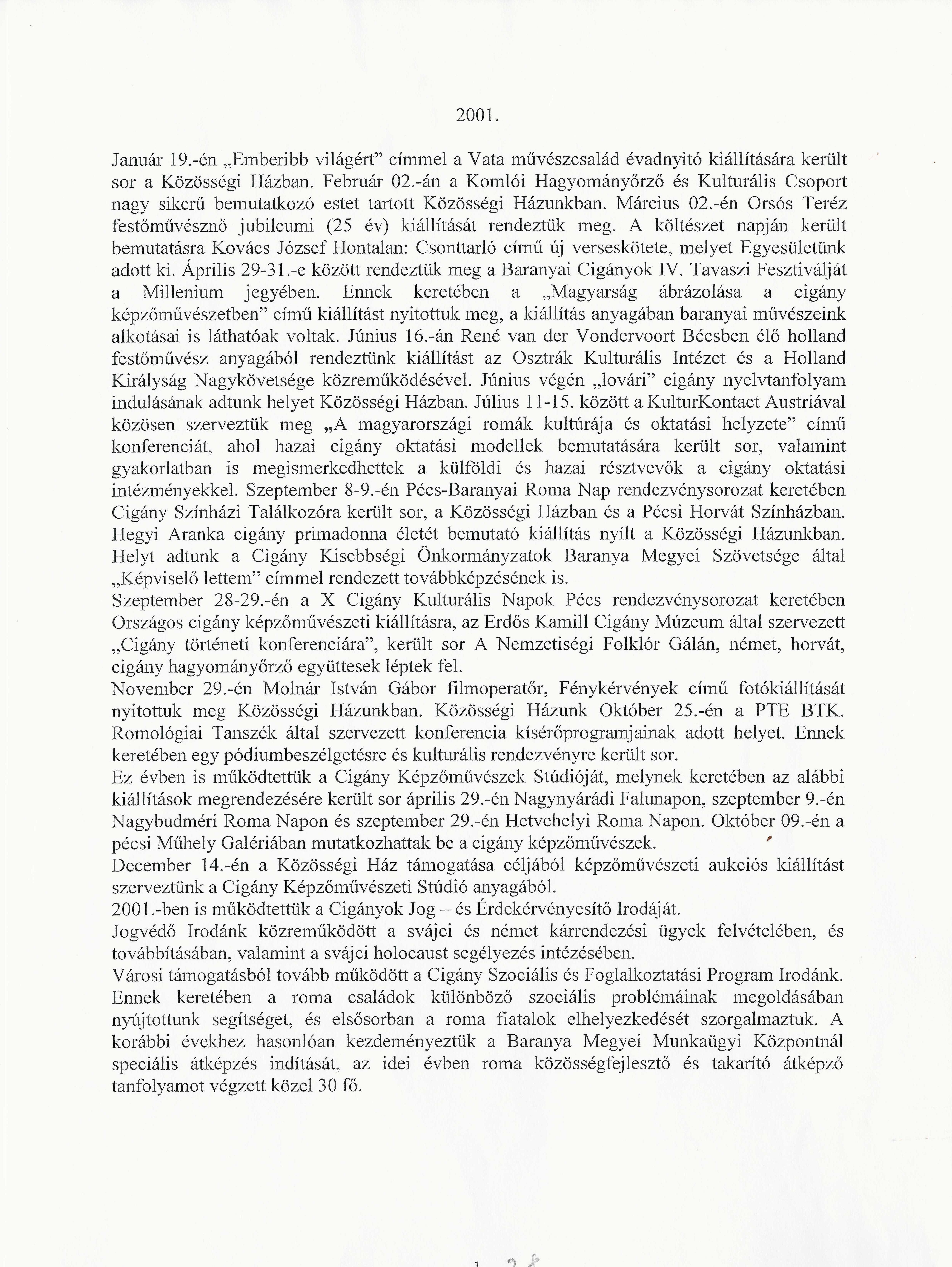 Beszámoló a Rácz Aladár Közösségi Ház 2001. évéről
