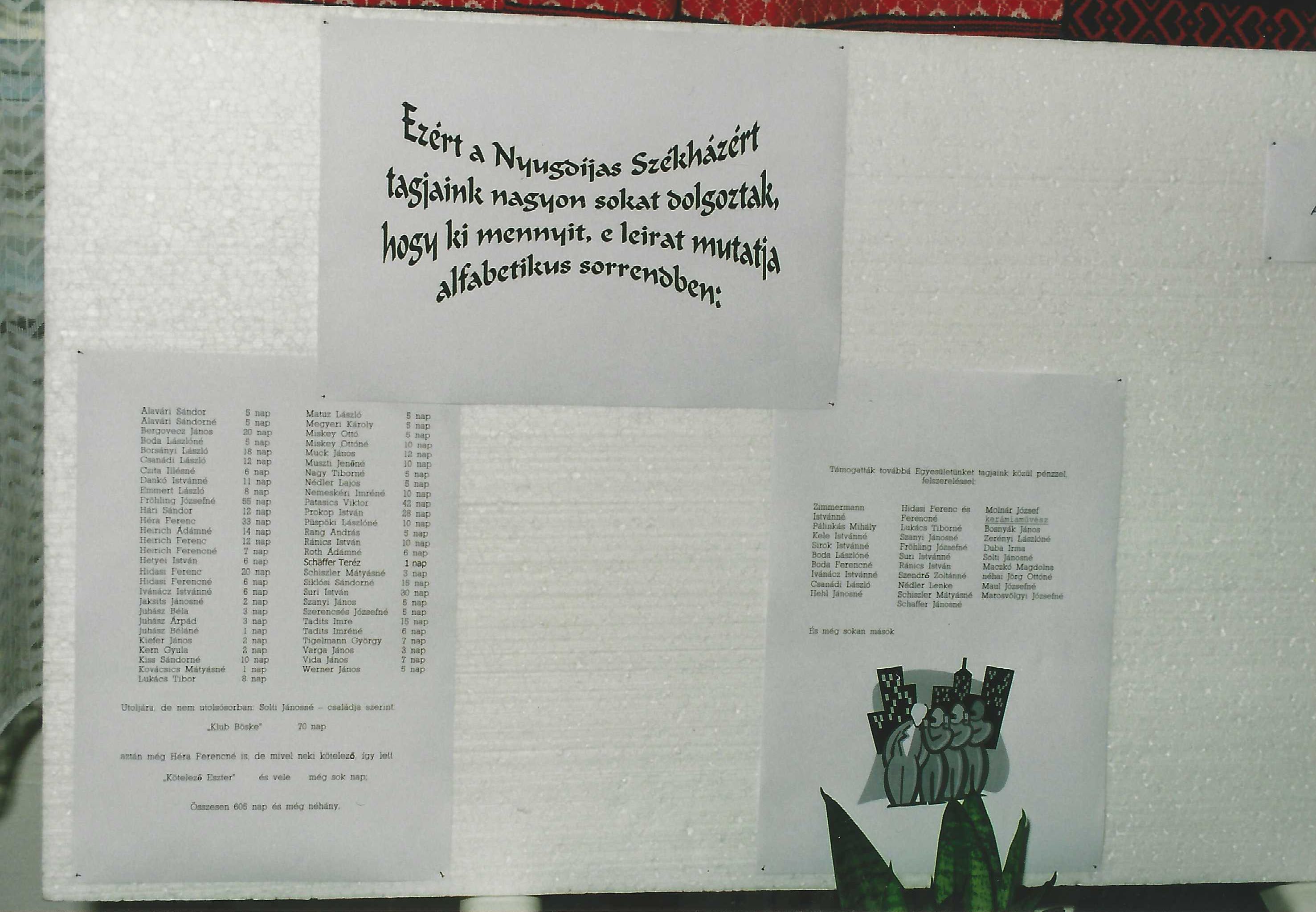 Nyugdíjas székház támogatóinak névsora
